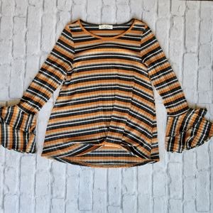 Vine & Love Retro style striped top with bell sleeves Size medium orange green